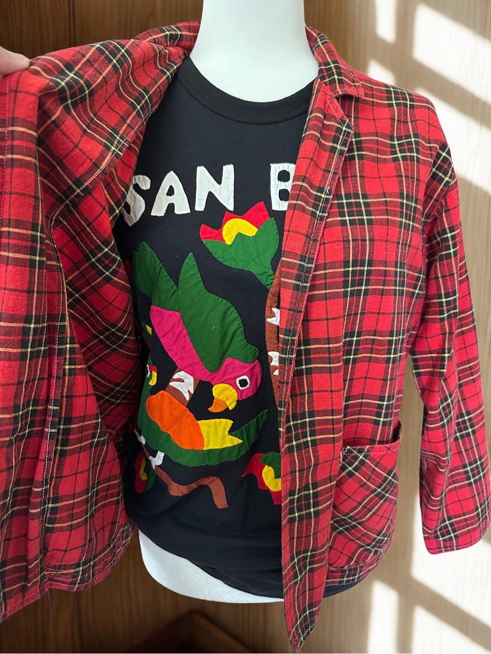 Vintage San Blas Panama Mola Appliqué T-Shirt & Plaid Shacket Set - Small